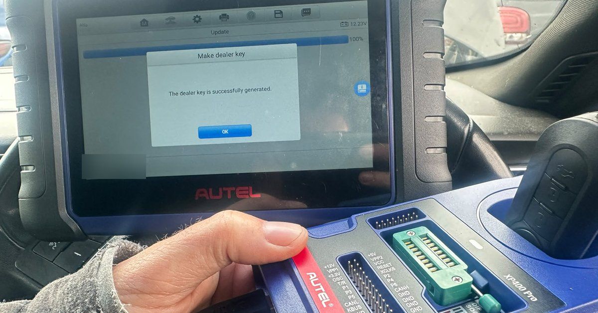 Autel tablet showing a dealer key successfully generated, with the XP400 Pro programmer